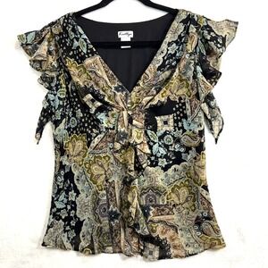 Kaitlyn 1X Paisley Print Top Tie Front Flutter Sleeve Retro Abstract Funky Y2K